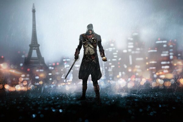 Ein Charakter aus Assassin s creed steht im Regen vor dem Hintergrund des nächtlichen Paris