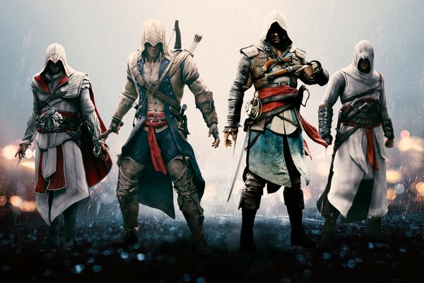 Quattro eroi del gioco assassin s creed stanno sotto la pioggia