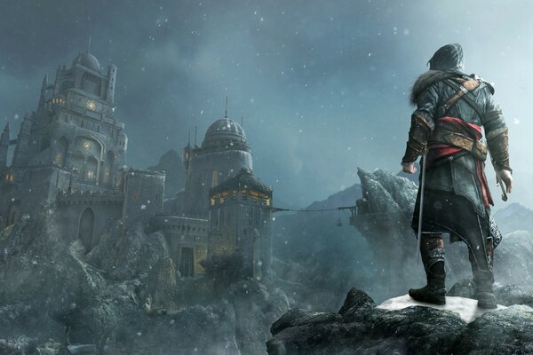 An assassin on the background of a snow-covered castle