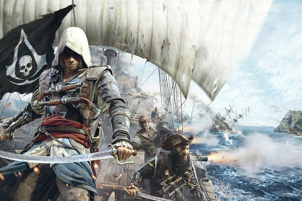 An assassin on a ship in the midst of a naval battle