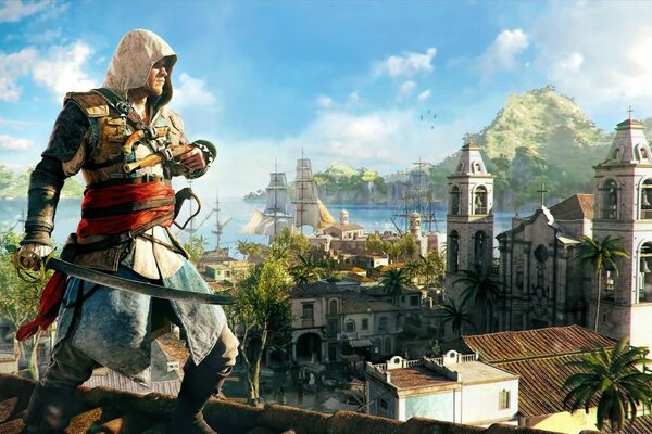 Ein Assassin s creed-Charakter mit einem Säbel steht auf dem Dach