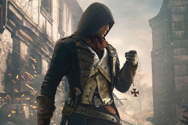 The main character from the game assassin s creed stands against the background of sparks