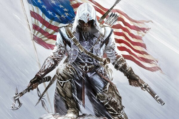 Ein Krieger mit einer Axt und einem Revolver vor dem Hintergrund der amerikanischen Flagge aus assassin s creed