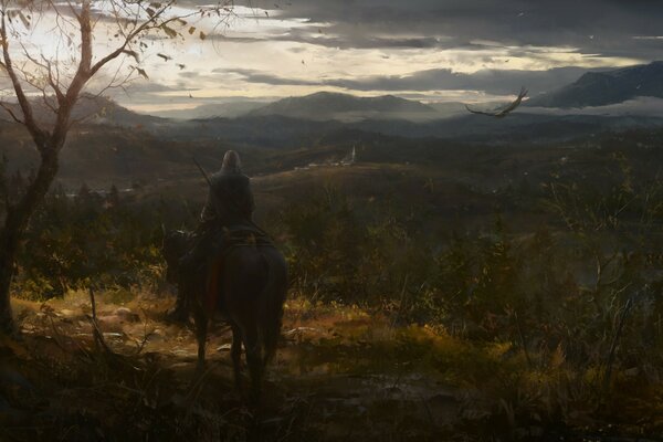 Hombre a caballo en la noche al atardecer