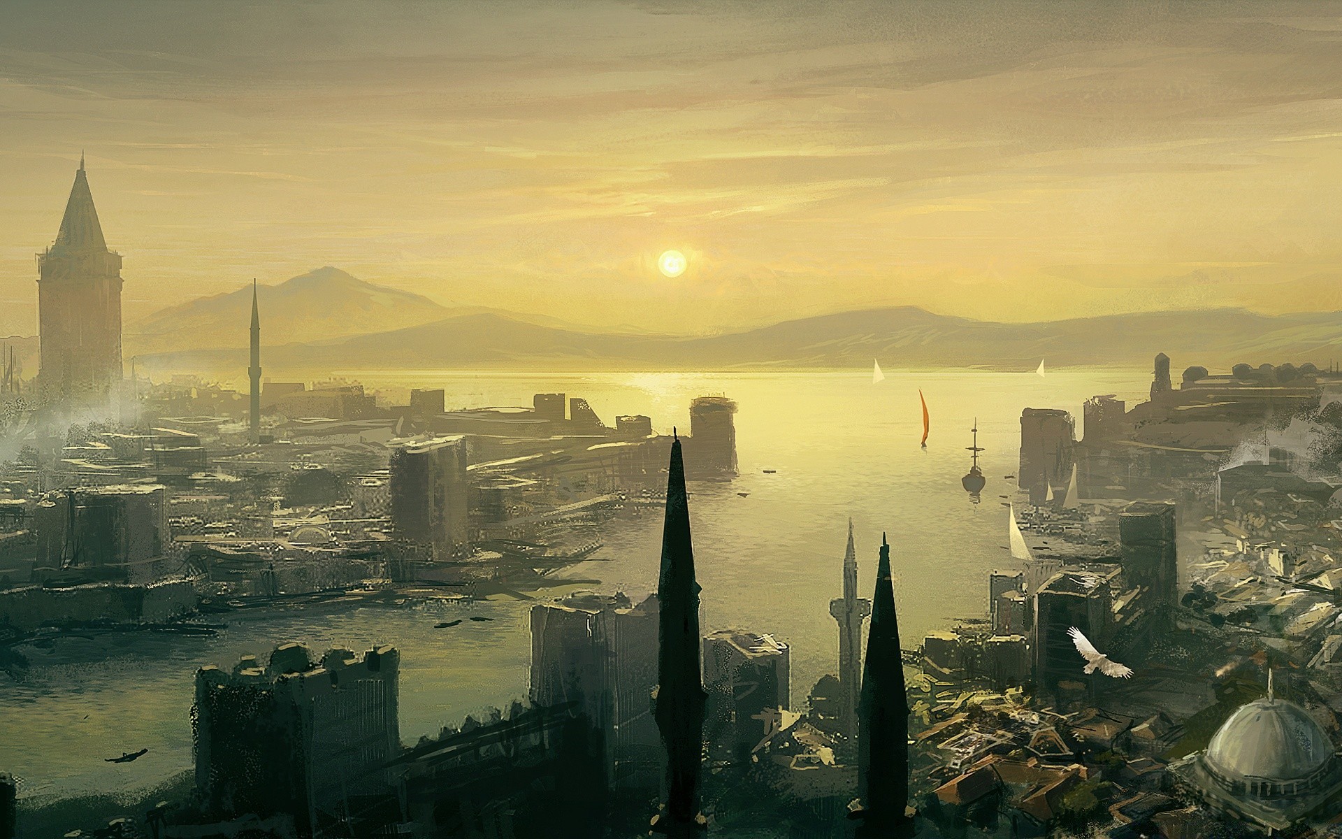 assassin s creed amanhecer pôr do sol arquitetura água cidade viagens rio névoa skyline cidade ao ar livre paisagem noite