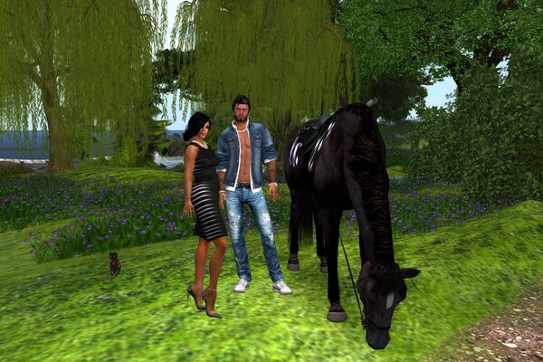 Dois e um cavalo negro na floresta