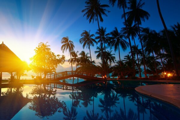 Sunset on the beach. Swimming pool. Tropics