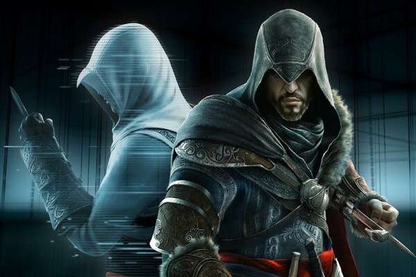 Juego, pantalla, assassin s creed, dos guerreros