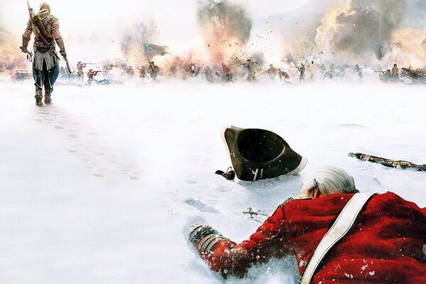 寒冷多雪的冬天，一名士兵躺在雪地里，一把枪就在附近