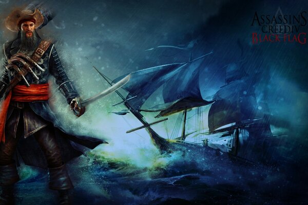 Assassin s creed. A pirate and a ship in the sea