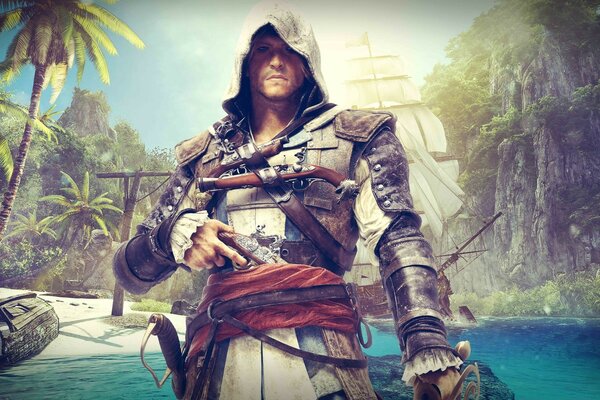 Assassin s creed. A traveler on the beach with palm trees