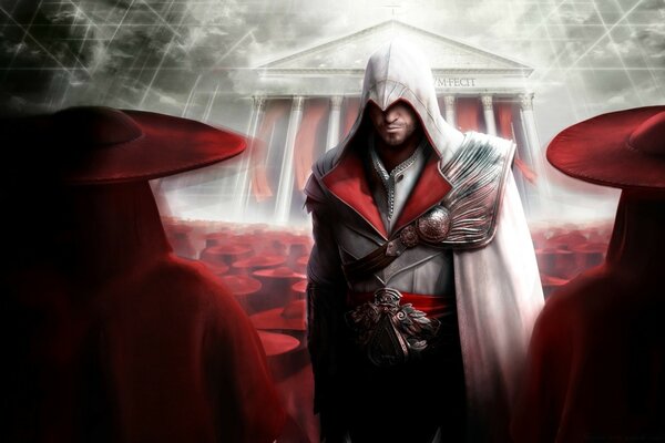 Assassin s creed. A traveler in a crowd of red hats