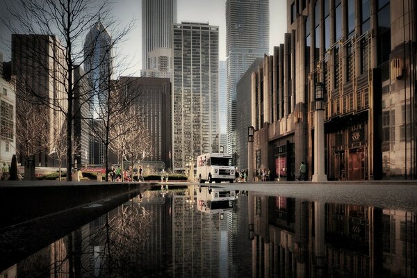 Courier van in the city in the morning