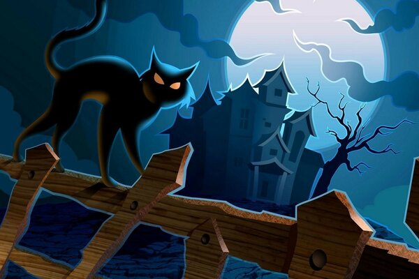 Cartoon black cat on the fence against the background of a scary castle