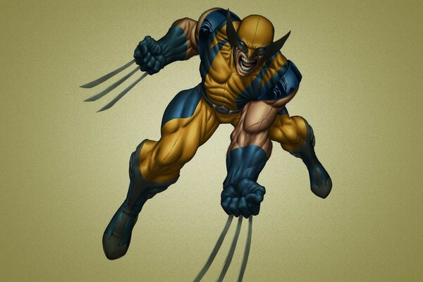 Comics Men X, Wolverine Logan im klassischen gelb-blauen Anzug mit freigelassenen Krallen im Sprung