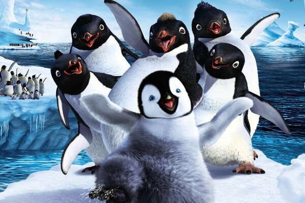 Desenhos animados de neve, pinguins em frente