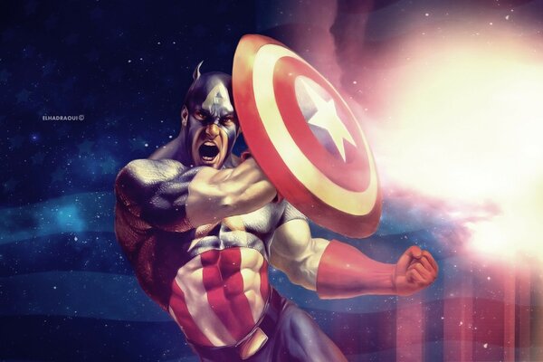 A comic book character, Captain America with a shield in his hands, on a background in the colors of the American flag