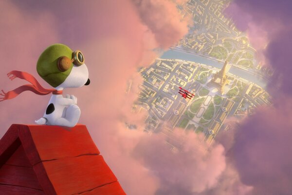 Cartoon dog in the sky looks at the city