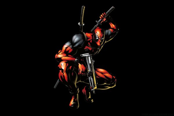 Red Deadpool on a black background with a sword