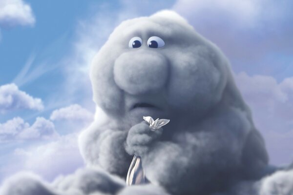 Cartoon sad cloud with a butterfly