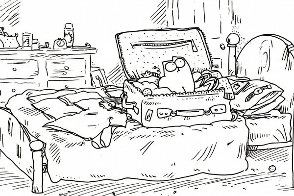 Simon the cat in a suitcase on the bed, black and white wallpaper