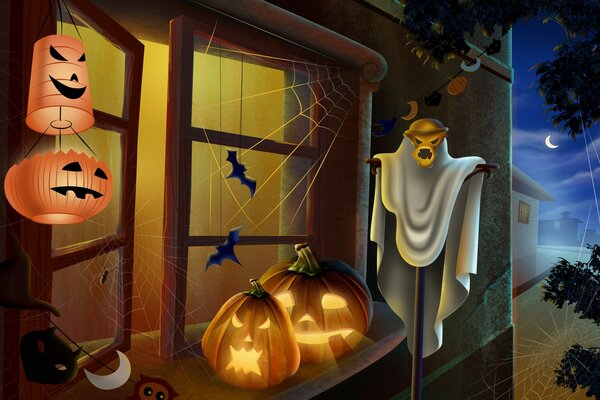 Halloween-Illustration mit Kürbissen und Spinnweben