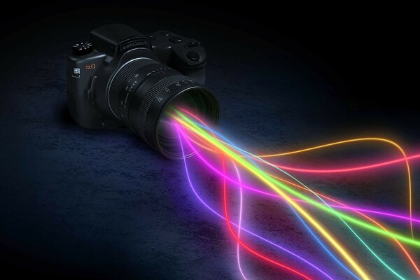 The camera of a camera with glowing cables coming out of the lens