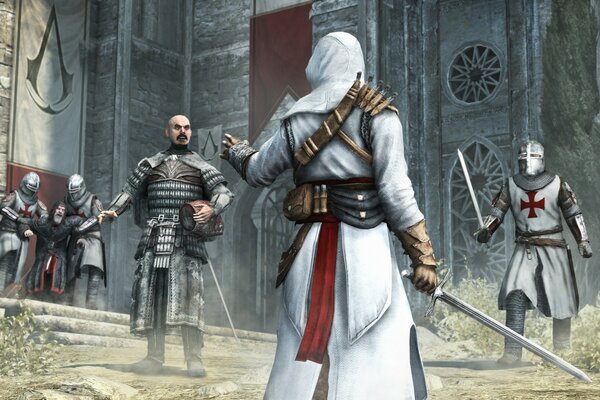 Eine Szene mit kriegern und Wächtern aus dem Computerspiel assassin s creed