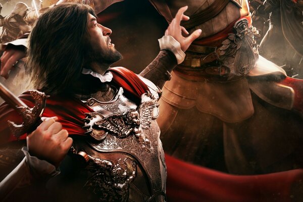 A battle between two characters from the game assassin s creed