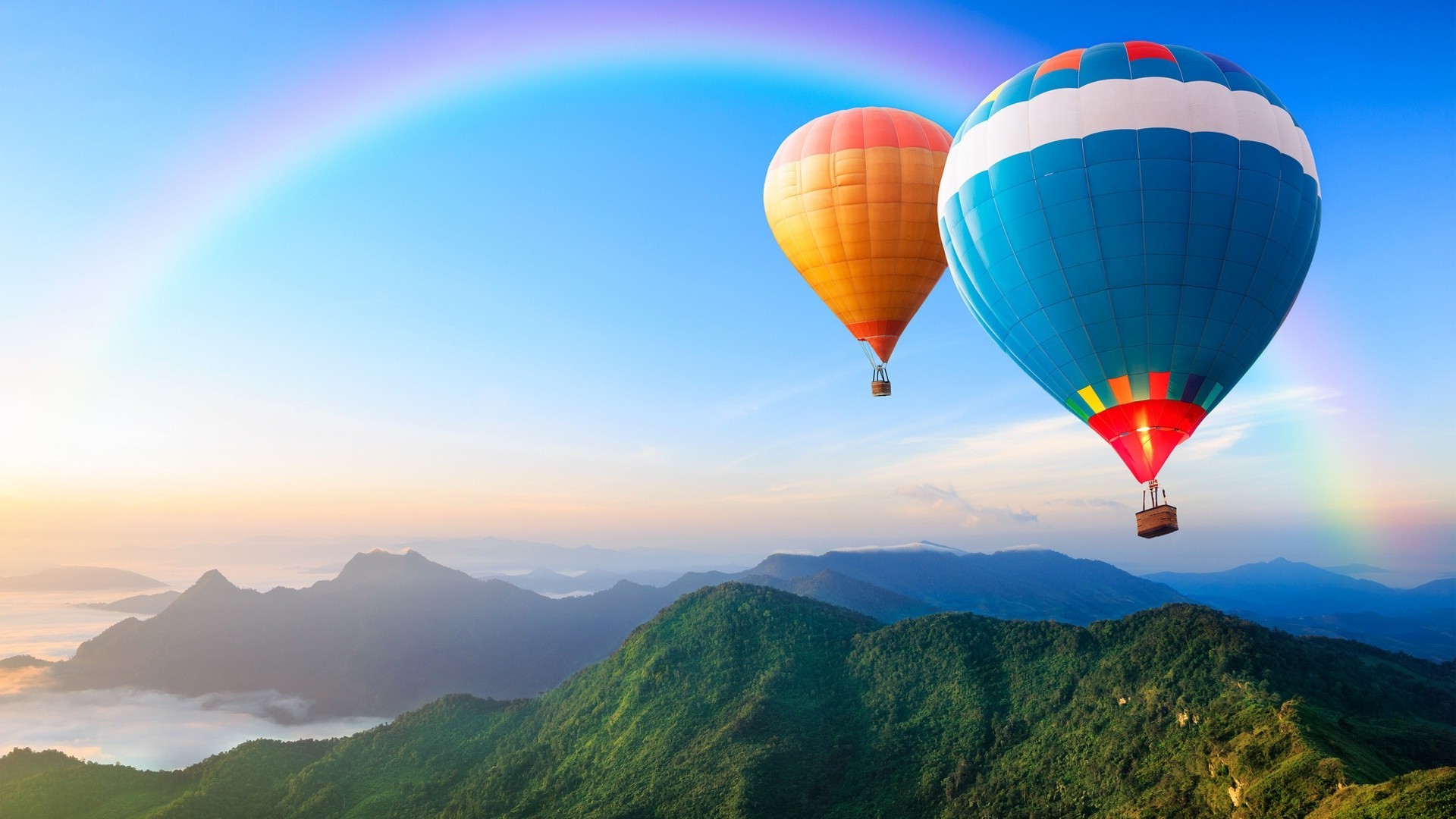 regenbogen berge reisen abenteuer himmel landschaft heißluftballon hoch tal luft im freien natur urlaub heiß-heißluftballon