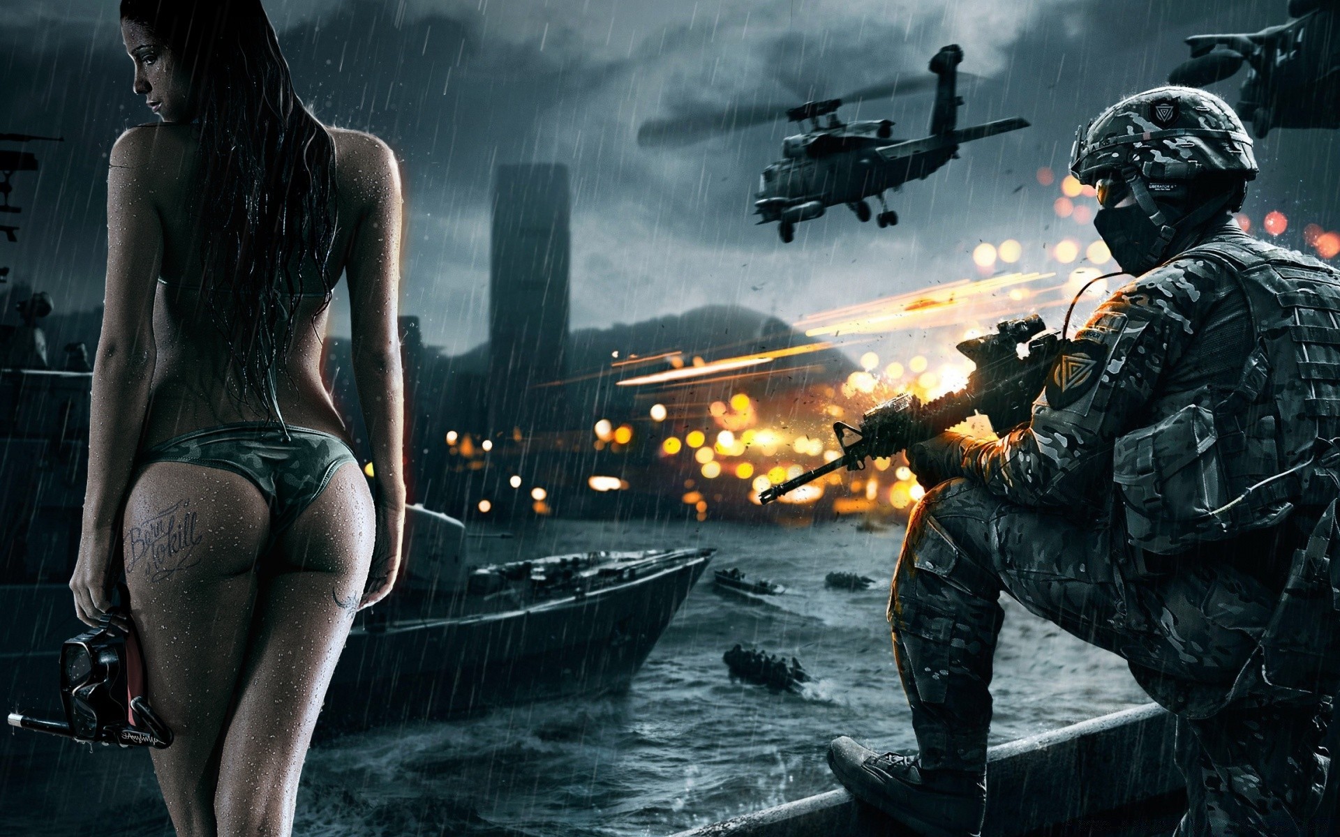 battlefield один дым взрослый женщина воды оружие военные девушка темный портрет