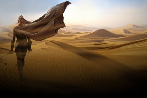 A beautiful girl walks on the sand against the sunset background