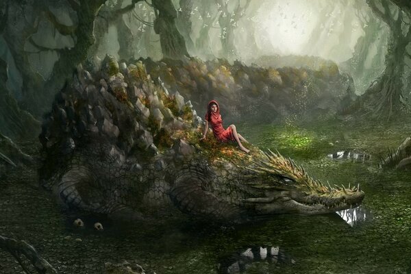 A magical crocodile takes a girl through a magical forest