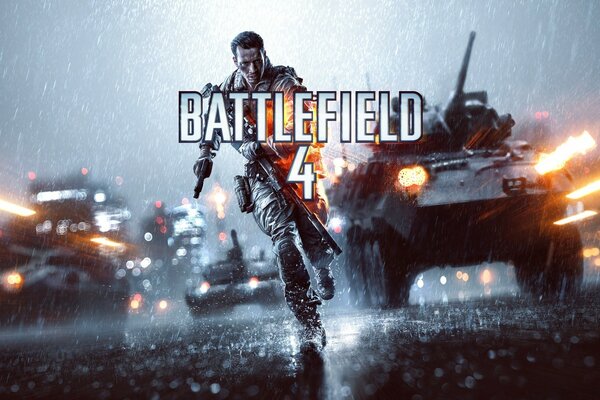 Battlefield 4 logo a fighter is running and a tank is behind