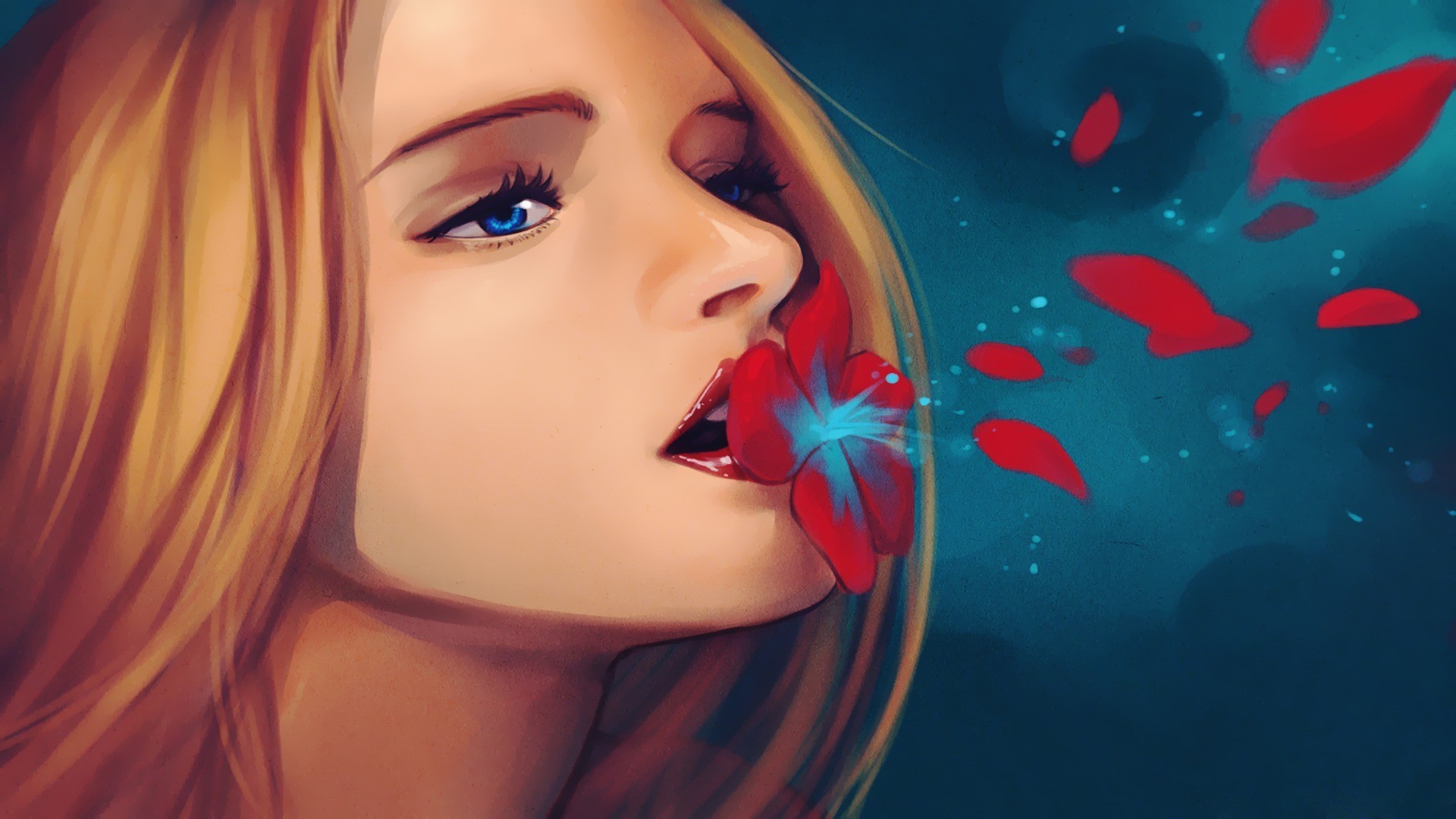 Рисунок девушка губами держит алый цветок на темно синем фоне - обои на тел...