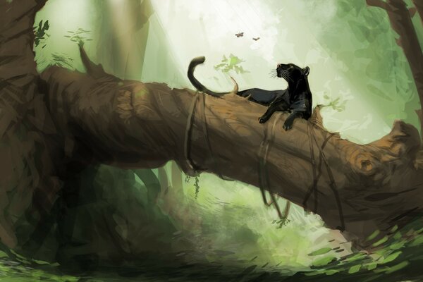 Picturesque nature panther lays on a tree