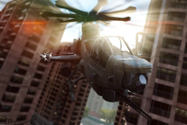 Powerful helicopter on the background of skyscrapers