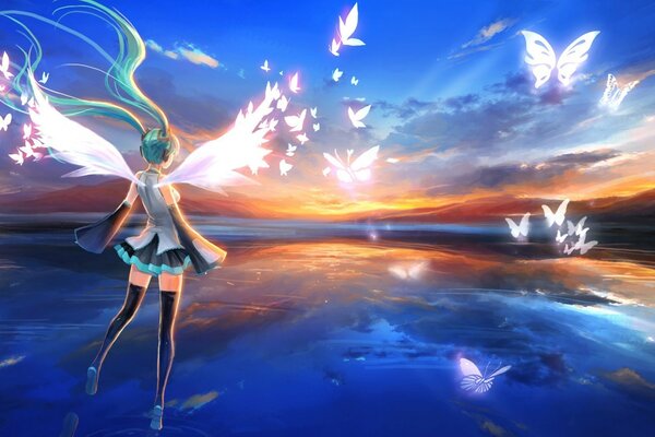 Fairy with blue hair on the background of sunset