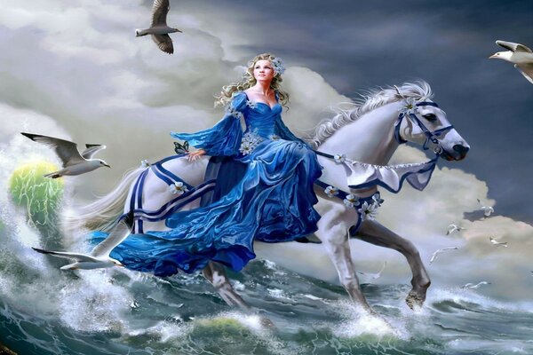 Pretty woman on a white horse