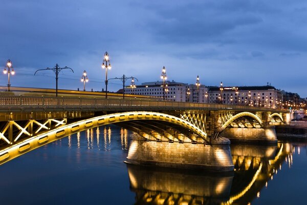 Ponte mezzo illuminato sul fiume scuro