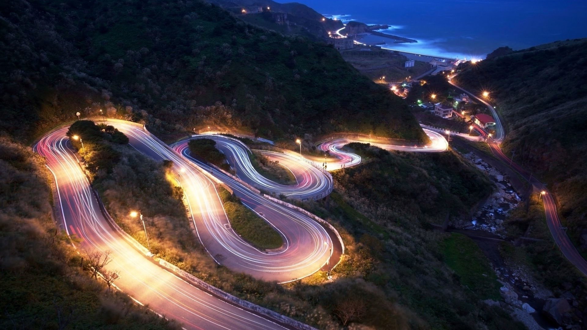 städte und architektur reisen verkehr straße wasser licht abend unschärfe landschaft