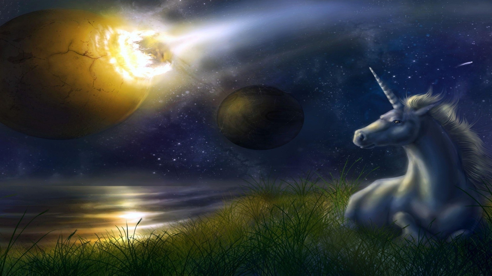 магические животные луна рассвет трава природа воды солнце фантазия небо свет планеты закат вечером поле сюрреалистично