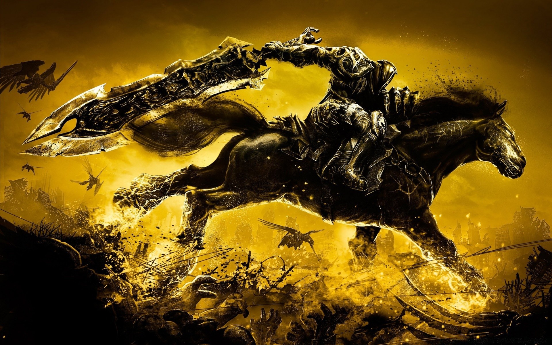 darksiders art reflection gold nature illustration water desktop