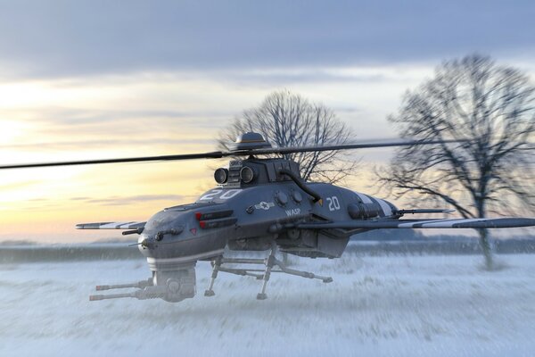 Hubschrauber im Winter im Schnee, ein sehr schöner Anblick