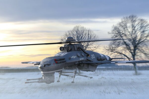 Helikopter zimą na śniegu, bardzo piękny widok