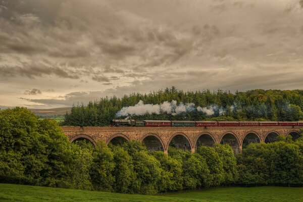 Die Dampflokomotive fährt auf einer Brücke inmitten grüner Hügel