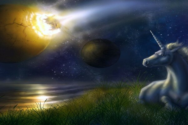 Unicorn on the background of planets