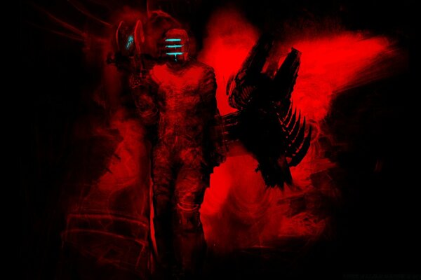 Robot on a red background with backlight on the mask