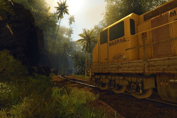 Tren cabalga sobre rieles en el bosque