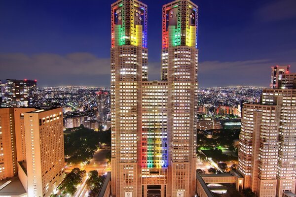 Skyscrapers in lights in the city center